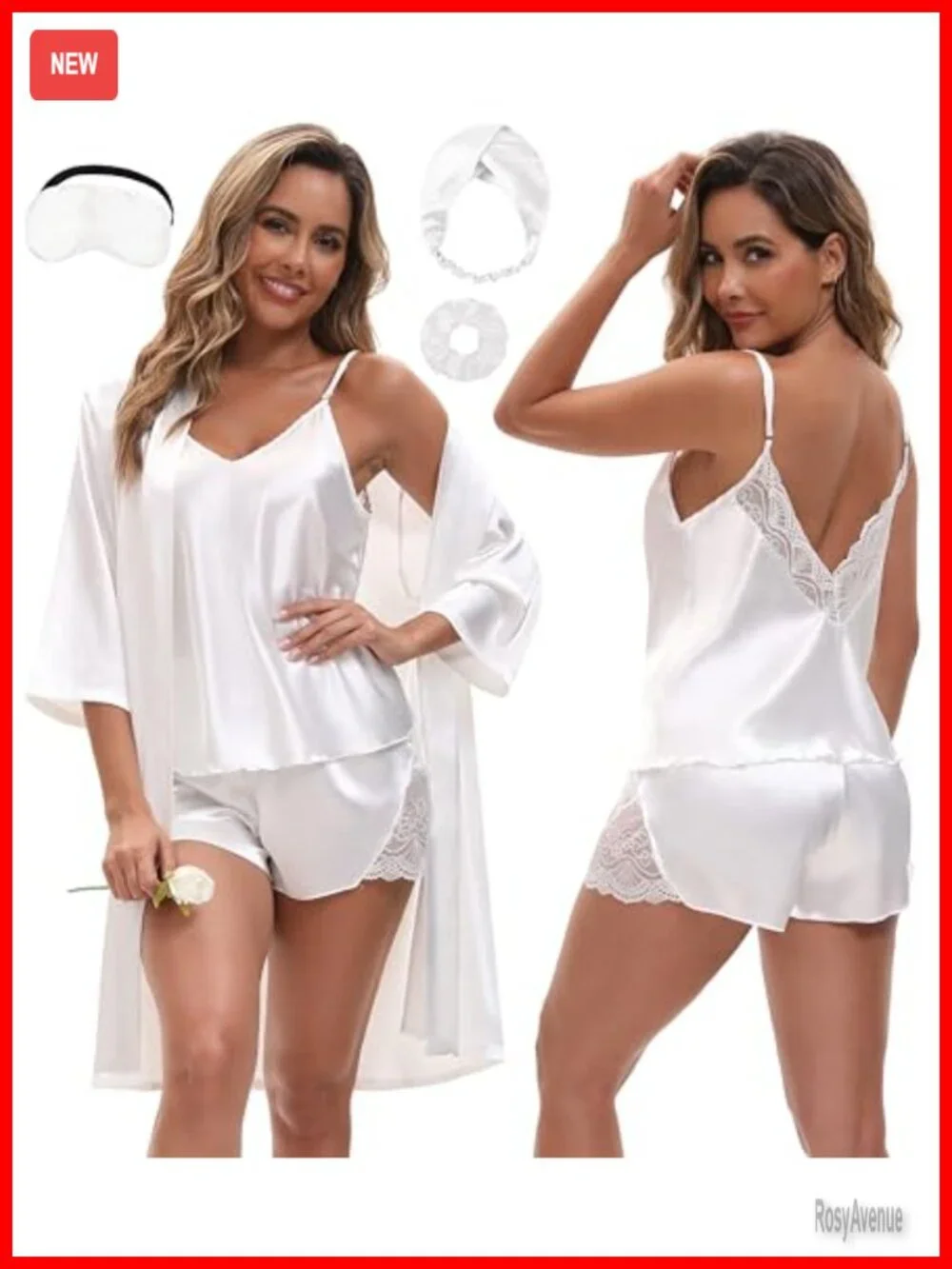 3 Piece Satin Pajama Set with Robe for Women Cami Top Shorts Sleepwear